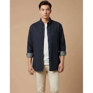 Mode Of One Mens Regular Fit Denim Shirt Dark Wash Blue Cotton 100189703MN Small